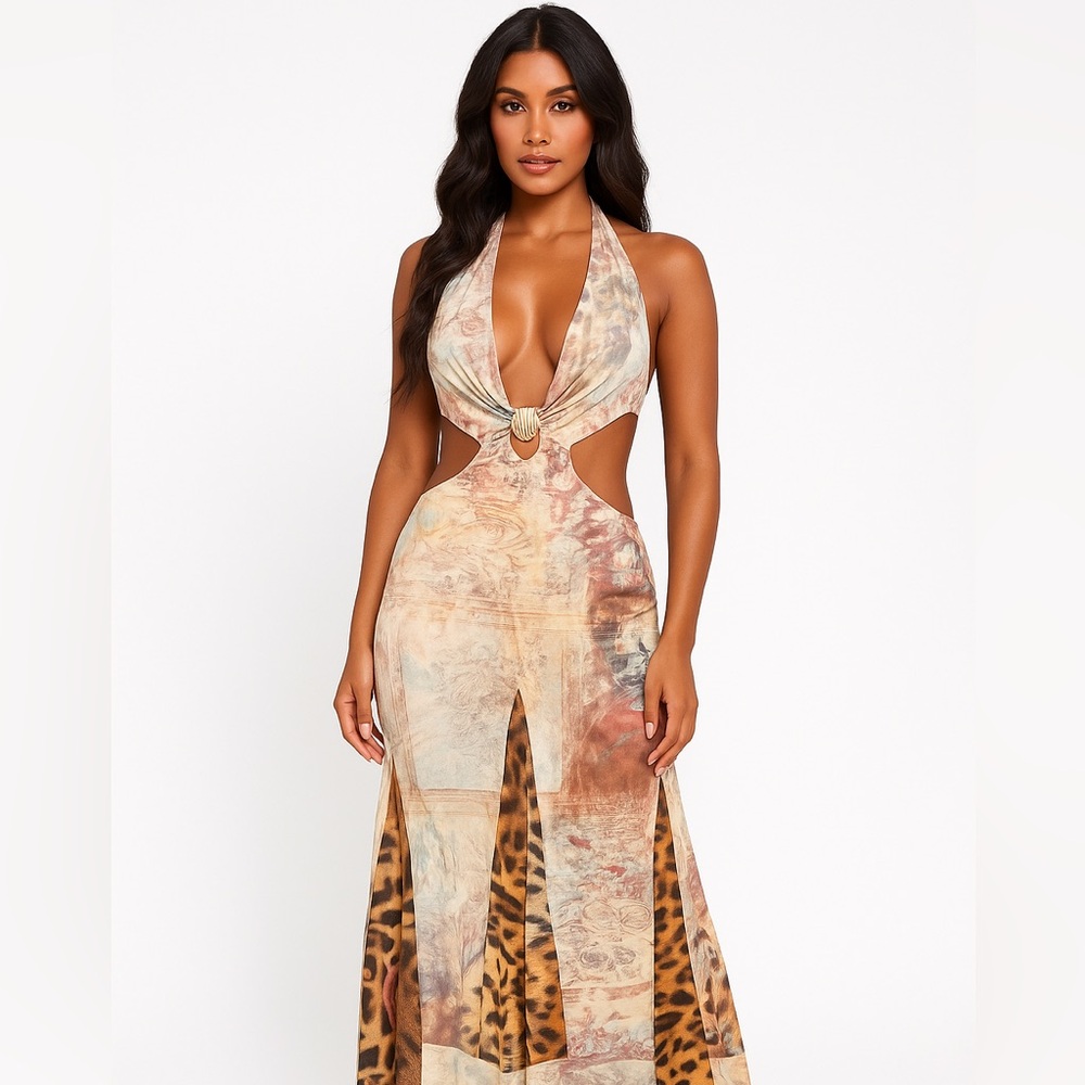 Murci Mesh Halter Cutout Maxi Dress Gold Shell Ring Leopard Panels US 8 / L